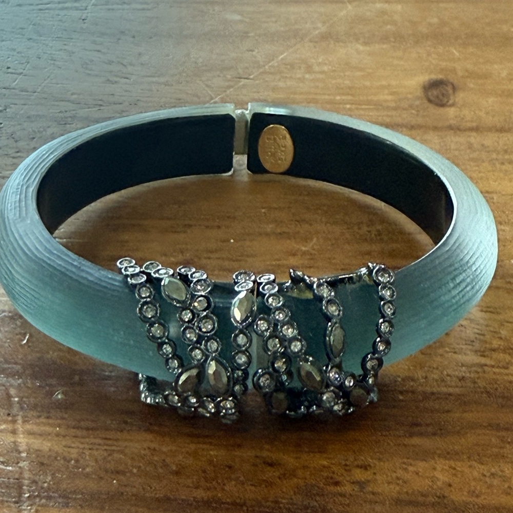 Alexis BITTAR Teal and Gunmetal Lucite Bangle with Crystal Embellishments